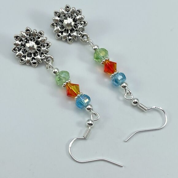 Sterling Silver Plated Multi Color Beaded Flower Rhinestone Dangle Earrings Boho - Picture 6 of 8